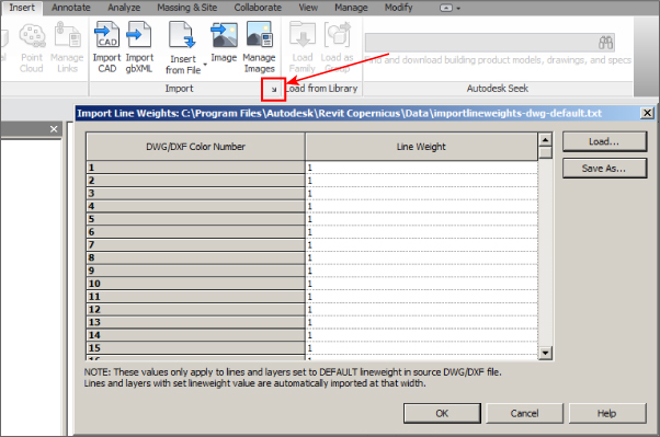 Screenshot displaying the Import Line Weights option dialog box and the application interface at the back of the dialog, with the Insert tab selected and the highlighted diagonal arrow at the Import panel.