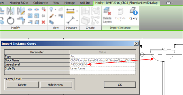 Screenshot of the Import Instance Query dialog box presenting options to select and hide lines and objects in the current view and at the back the Query icon on the Import Instance panel under Modify tab of interface.