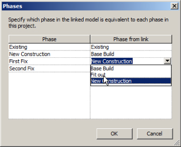 Phases dialog box presenting settings to which phase in the linked model is equivalent to each phase in the project, with a selection list for Phase and for Phase from link columns. Ok and Cancel buttons below.