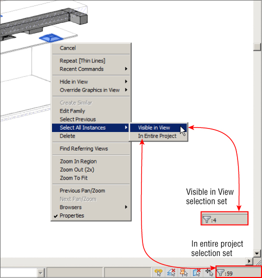 Screenshot displaying pop-up option box from a right-clicked object and the highlighted Select All Instances giving 2 view options: visible in view selection set with 4 and in entire project selection set with 59.