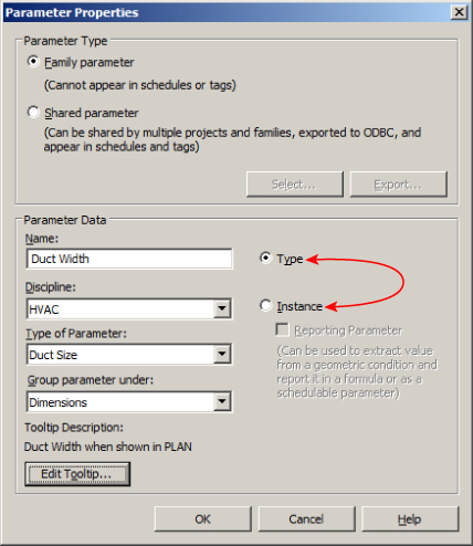 Parameter Properties dialog box with Parameter Type set to Family and Parameter Data set to (top to bottom) Duct Width, HVAC, Duct Size, Dimensions, and radio button for Type.