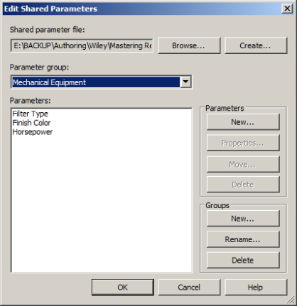 Edit Shared Parameters dialog box presenting the Shared parameter file, Parameter group with drop-down list, Parameters panel, and OK, Cancel, and Help buttons at the bottom.