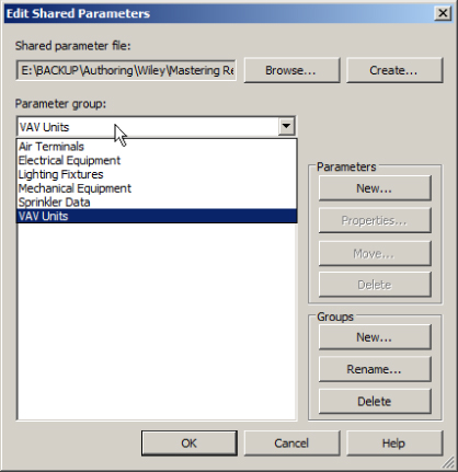 Edit Shared Parameters dialog box presenting the highlighted VAV Units from the drop-down list under the Parameter group.