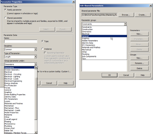 Left: Parameter Properties dialog box presenting highlighted Dimensions from list under Group parameter. Right: Edit Shared parameters dialog box with highlighted General from list under Parameter Group.