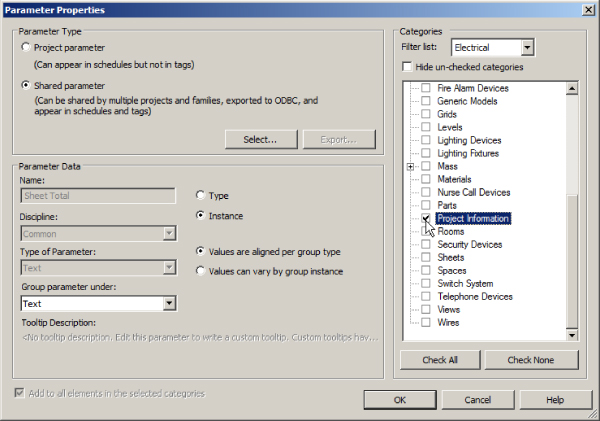 Parameter Properties dialog box with Parameter Type set on Shared, Parameter Data on Instance, Group parameter under on Text, and Categories with Filter list on Electrical and Project Information checked.