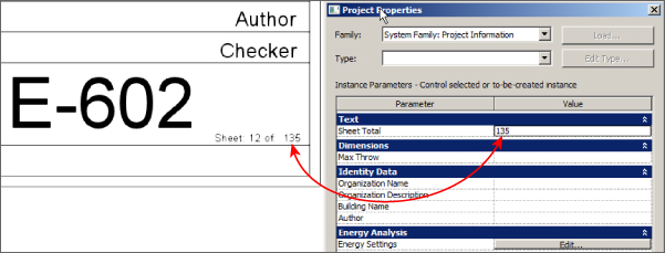 Screenshot displaying a titleblock labeled E-602 with text Sheet 12 of 135 and Project Properties dialog displaying Sheet Total under Text of Parameter column with corresponding Value with 135.
