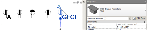Screenshot displaying five multiple types of duplex receptacles including labeled A and GFCI and Properties palette of Ch06_Duplex Receptacle GFCI with Elevation set at 3' 11 31/128'' under Constraints.