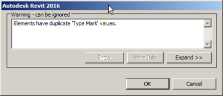 Autodesk Revit 2016 dialog box with warning message “Elements have duplicate ‵Type Mark' values.” OK and Cancel buttons at the bottom right.
