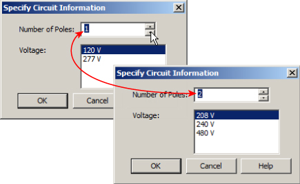 Two Specify Circuit Information dialog boxes with one box presenting Number of Poles set to 1 with Voltage set to 120 V and the other box with Number of Poles set to 2 with Voltage set to 208 V.