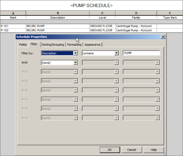Screenshot of Pump schedule with Schedule Properties dialog box presenting Filter tab with Filter by option Description, contains, and PUMP.