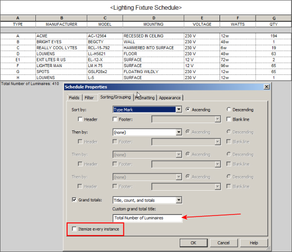 Lighting Fixture schedule with Schedule Properties dialog box with Sorting/Grouping tab with Sort by option Type Mark and Ascending, checked Grand Totals option, and Itemize every instance highlighted.