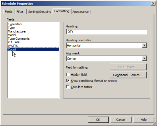 Schedule Properties dialog box with Formatting tab presenting Fields option (Count), Heading (QTY), Heading orientation (Horizontal), Alignment (Center), and Show conditional format on sheets checked.