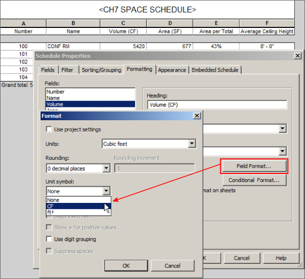 Screenshot of Field format selected on the Format dialog box, with arrow from the Field format...button pointing to CF highlighted by a cursor under Unit symbol.