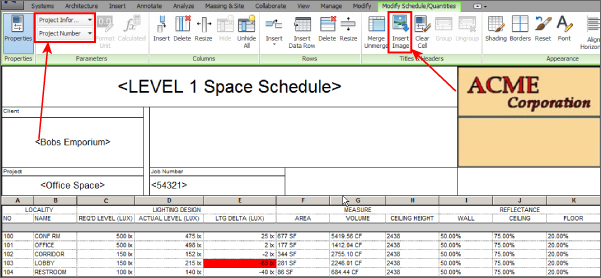 “Screenshot of Space Schedule and the  added parameters panel. Project info and number and Insert image are enclosed in a rectangle pointed by arrows from client and image box, respectively.”