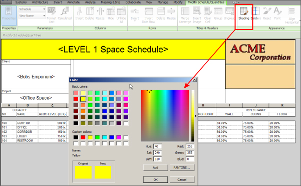 Cropped image of Schedule header edited. Shading tab in the appearance panel is enclosed in a rectangle with an arrow pointing the color customization dialog box.