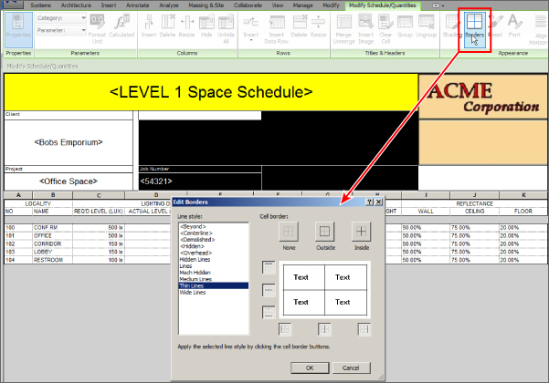 Cropped image of Schedule borders edited. The borders tab on the appearance panel selected with an arrow pointing the Edit Borders dialog box.