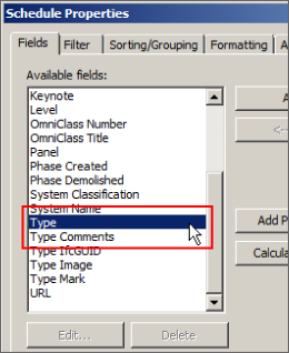 Cropped image of a Schedule Properties dialog box with Type highlighted by a cursor and enclosed in a rectangle under the Fields tab.