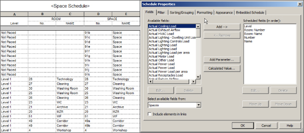 “Cropped image of the Space Schedule parameter (left) and Schedule Properties dialog box (right) with Fields tab selected. Selected available fields from is on Spaces.”