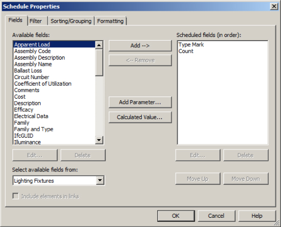 Schedule Properties dialog box with Available fields (left) and Scheduled fields (right) on Type Mark and Count. Lighting Fixtures is under the Select available fields from textbox.