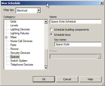 “New Schedule dialog box presenting Filter list option set on Electrical, Category option with a drop-down list, Name option with Space Style Schedule, and radio button for Schedule keys with Key name Space Style.”