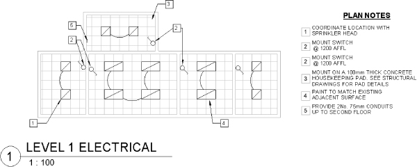 “Note Block plan depicting squares labeled with numbers (left) and Plan Notes with the corresponding descriptions to numbered parts (right).”