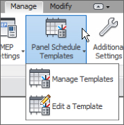 Cropped image displaying the Manage tab and the highlighted Panel Schedule Templates tools.