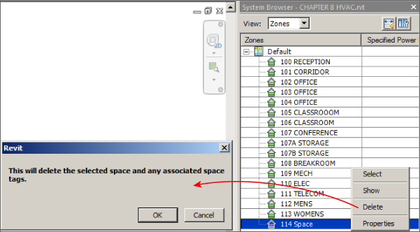 Screenshot of the right-click menu with an arrow from Delete option pointing to the Revit pop-up dialog indicating “This will delete the selected space and any associated space tags.”