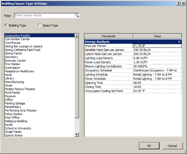 Screenshot of Building/Space type Settings dialog box with Building Type selected and Automotive Facility highlighted (left pane). Parameters and values of Energy Analysis are displayed.