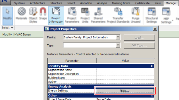 Screenshot of the highlighted Project Information button in Rivet ribbon and the Project Properties dialog. A box encloses the Edit button across Energy Settings parameter.