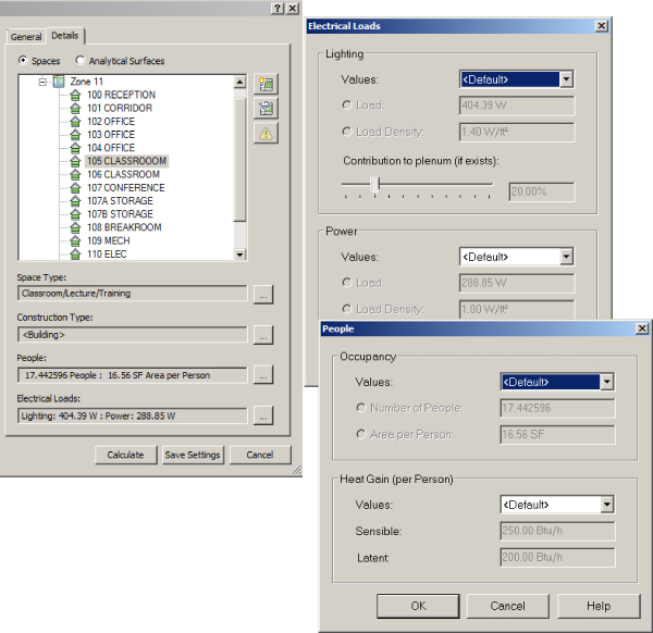 Screenshot of the Details tab for Spaces of Heating and Cooling Loads dialog (left), Electrical Loads dialog with <Default> on Lighting values (top right), and People dialog with <Default> on Occupancy values.
