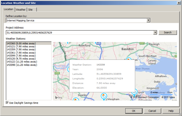 Screenshot of Location Weather and Site dialog box with the search engine for Project Address, Weather Stations displayed, and a map with corresponding points for location.
