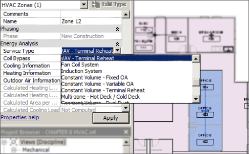 Cropped image displaying Service Type under Energy Analysis the highlighted VAV - Terminal Reheat from the drop-down list.