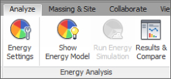 Cropped image displaying the Analyze tab and the Energy Settings, Show Energy Model, and Results and Compare buttons.
