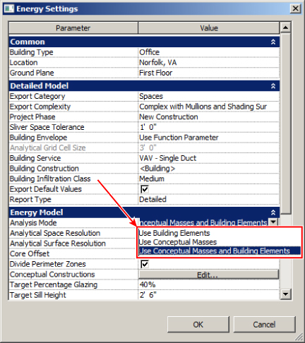 “Energy Settings dialog box. Arrow from Building Infiltration Class points to highlighted Use Building Elements, Use Conceptual Masses, and selected Use Conceptual Masses and Building Elements.”