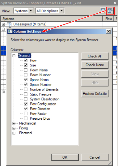Screenshot of the System Browser with the highlighted Column Settings button in the upper right corner displaying the expandable list of columns the user wants to display in the System Browser.