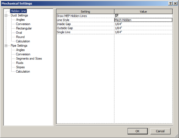 Screenshot of Mechanical Settings dialog box presenting two panes: Hidden Line with expandable Duct and Pipe Settings (left pane) and two columns for Setting and Value (right pane).