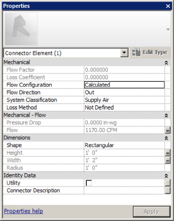 Screenshot of Properties dialog box presenting 14 parameters for duct connection.