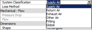 Screenshot of the System Classification part of Properties dialog box presenting a drop-down menu listing Supply Air, Return Air, Exhaust Air, Other Air, Fitting, and Global.