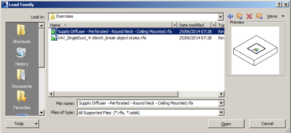 Screenshot of Load Family dialog box presenting Excercises folder containing the highlighted Supply Diffuser file with preview at the right side. Two buttons are at the bottom right: Open and Cancel.