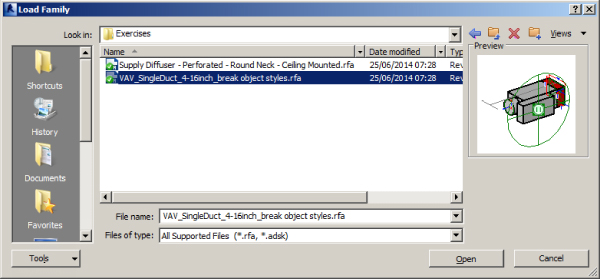 Screenshot of Load Family dialog box presenting Excercises folder containing the highlighted VAV_SingleDuct file with preview at the right side. Two buttons are at the bottom right: Open and Cancel.