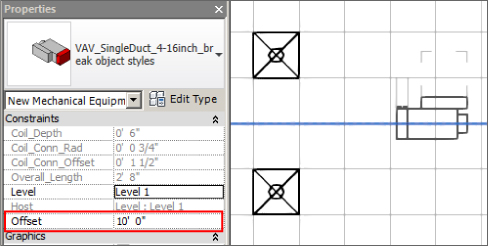 Screenshot of Properties dialog box presenting the highlighted Offset under Constraints properties and a preview of the elevation offset in grid lines.