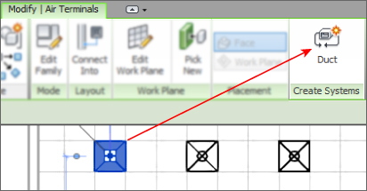 Snippet of the Modify | Air Terminals contextual tab presenting the highlighted Duct button at Create Systems panel.