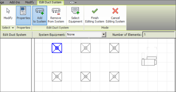 Snippet of Edit Duct System tab displaying Select, Properties, Edit Duct Systems, and Mode panels. Properties and Add to Systems buttons are selected. A duct on the duct preview below is highlighted.