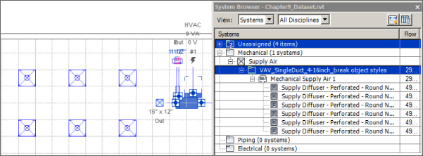 Screenshot of System Browser dialog box (right) presenting the highlighted Unassigned (4 items) and VAV_SingleDuct with the Grid view (left).