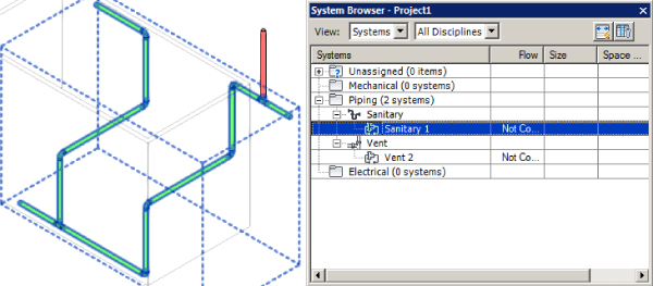 Screenshot of System Browser dialog box (right) presenting the highlighted Sanitary 1 system and a diagram with connected sanitary systems depicting merged systems.