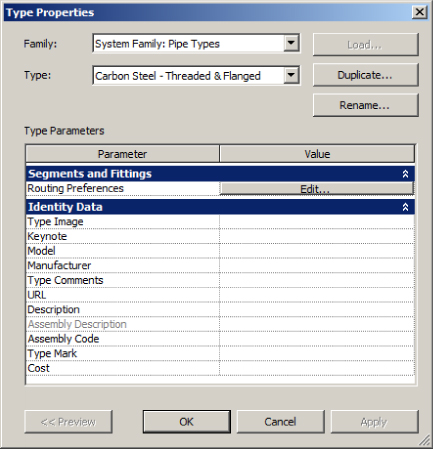 Screenshot of Type Properties dialog box presenting System Family (Pipe Types) in the Family field and Carbon Steel (Threaded & Flanged) in the Type field displaying a list of Type Parameters.