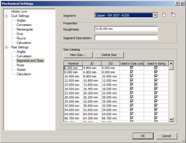 Screenshot of Mechanical Settings dialog box presenting the highlighted Segment and Sizes at the left pane and Copper – EN 1057 – R250 in Segment field with its properties and size catalog.