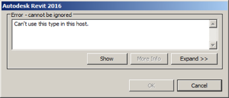 Screenshot of Autodesk Revit 2016 dialog box containing an error message.