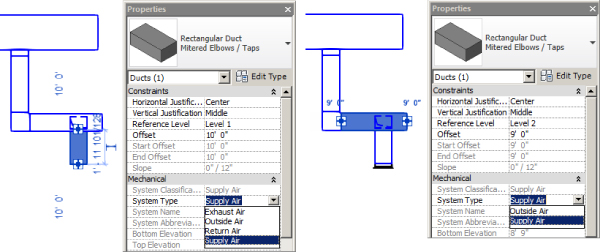 Two diagrams of ducts associated with systems, each with a Properties dialog box. The dialog boxes display constraints and mechanical parameters. Supply Air is highlighted in both dialog boxes.