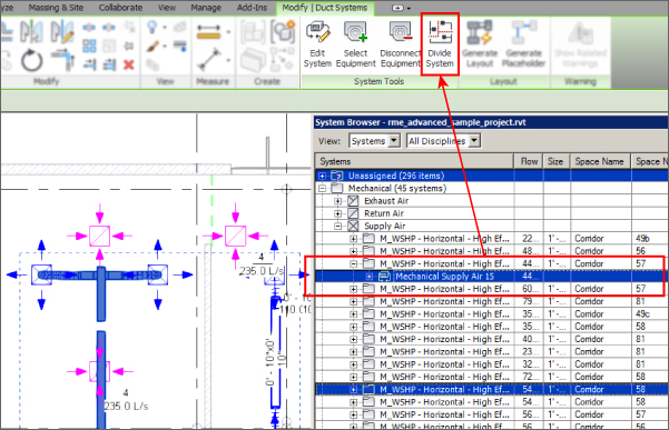 Screenshot of the Revit MEP 2016 window. An arrow from the highlighted Mechanical Supply Air 15 in the System Browser panel points the Divide System button of the System Tools under Modify | Duct Systems tab.